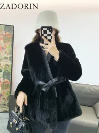 Fur Zadorin luksusowy designerski odzież Kobieta zima sztuczna norka futra z paskiem elegancka futrzana futra dla kobiet kardigan fur