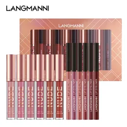 립스틱 Langmanni 6+6 메이크업 액체 립스틱 립 라이너 조합 12 PCS/세트 Nontick Cup Matte Lip Gloss Sexy Colors Lip Paint DC08