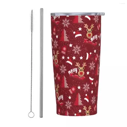 Tumblers Merry Christmas Snowflakes Trees Reindeer Tumbler With Straw Xmas Deer Stainless Steel Cup Insulated For Cold 20oz