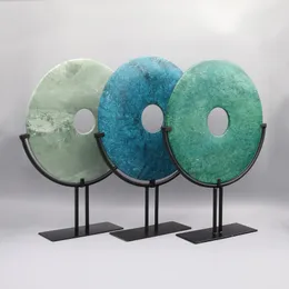 Marble Stone Decoration, Round Fortune Stone Disc with Metal Base, Yubi Jade Stone