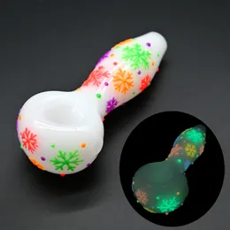 1pc,4in,Colorful Hand Drawn Glass Pipe,Cute Cartoon Snow Pattern With Glow In Dark,White Jade Pipe,Borosilicate Glass Bong,Glass Hookah,Smoking Accessaries