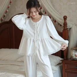 Mulheres sleepwear feminino manga longa pijama fada algodão tops calças loungewear primavera outono vintage em torno do pescoço pijamas conjuntos princesa