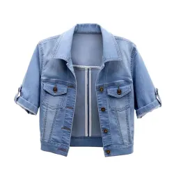 Ceket denim ceket kadınlar kısa kollu jean ceket kadın elastik rahat denim ceket chaqueta vaquera mujer vese femme