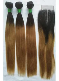 T1b27 ombre cabelo brasileiro tecer pacotes com fechamento loira em linha reta cabelo humano 3 pacote com 4x4 parte do meio fechamento de renda não r9376437