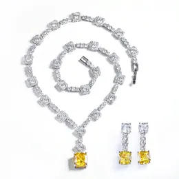 Super Shiny Big Square Yellow Cubic Zirconia Stone Wedding Bridal Necklace Earrings Party Costume Smyckesuppsättningar för kvinnor T0726 240220