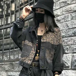 Kvinnans jackor broderi denim svart leopard streetwear punk jean klädrock mode abbigliamento donna jack 240301