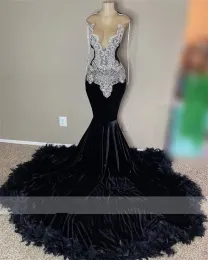 Black Velvet Sheer O Neck Long Prom Dress For Black Girls Beaded Crystal Birthday Party Dresses Feathers Mermaid Evening Gown Tassel 0301