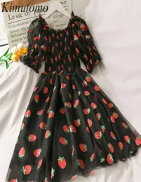 Kimutomo Girls Dress Strawberries Print Sweet Fresh Style Female Slash Neck High Waist Mesh Pleated Vestidos Kawaii 2105217140268