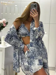 Women's Tracksuits Clacive Fashion Loose Print 3 Piece Sets Women Outfit 2024 Elegant Long Sleeve Shirt Bra With High Waist Shorts Set