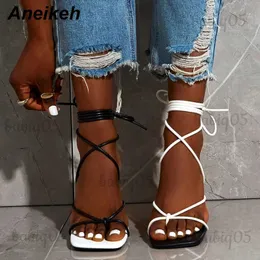 Sandaler Aneikeh 2023 Fashion Sexig snörning Kvinnor Sandaler Square Toe 9cm tunn häl kors bundna festskor hög häl svart vit storlek 35-42 T240301