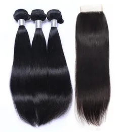 9A Brazilian Virgin Straight Hair Bundles with Lace Closure Unprocessed Brazillian Human Hair Weave Closures Natural Color Remy Ha3553598