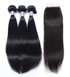 9a brasilianska jungfru raka hårbuntar med spetsstängning obearbetad Brazillian Human Hair Weave Stängningar Naturliga färg Remy HA3553598