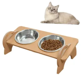 Malzemeler Paslanmaz çelik kedi gıda kaseleri Köpekler ve kedi besleme sulama malzemeleri için uzun stand ile yüksek çift yükseltilmiş besleyici