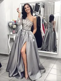 2024 grigio argento una spalla maniche lunghe abiti da sera formali sexy alta fessura pizzo floreale macchia donne occasione speciale abito da ballo