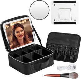 BS-MALL Makeup LED Case Makeup Brush Holder With LED Mirror Makeup Tool Organizer Bag Makeup Brush Bag with Shoulder
