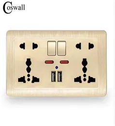 Coswall Presa di corrente a muro Doppia presa universale commutata a 5 fori 21A Doppia porta caricatore USB Indicatore LED 146mm86mm Oro 1102501841815