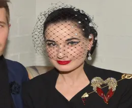 Uno strato nero cappelli da sposa rete gabbia per uccelli velo viso affascinante perline di cristallo donne eleganti velo da sera da sposa fascinator con com6645111