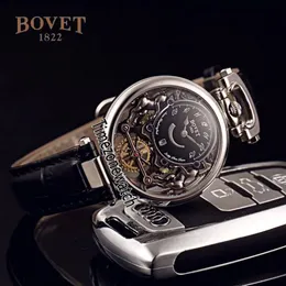 Bovet Swiss Quartz Mens Watch Amadeo Fleurier Steel Case Skeleton Black Dial Watches Black Leather Strap Watches Cheap TimeZoneWat196m