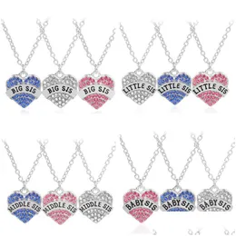 Ожерелья с подвесками Big Little Middle Baby Sis Letters Heart Подвески Дизайнерское ожерелье Женское южноамериканское розовое синее горный хрусталь Sier Dhmm2