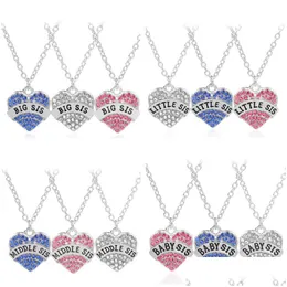 Collane con ciondolo Big Little Middle Baby Sis Lettere Pendenti a cuore Collana di design Donna Sudamericano Rosa Blu Strass Sier Dhmm2