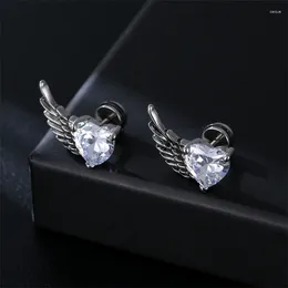 Stud Earrings 1Pcs Stainless Steel Zircon Heart Wing For Women Men Gothic Street Hip Hop Ear Jewelry Cool Eardrop E343