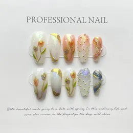 False Nails 10Pcs Handmade Matte Fake With Tulip Flowers Design Press On Full Cover Acrylic Manicuree Wearable Nail Tips