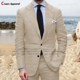 Suits 2022 Senaste sommarlinne Beach Mens Suits Set Slim Fit Groomsmen Groom Wedding Blazer Formal Casual Thin Khaki Jacket Pants 2sts