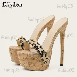 Sandals Eilyken Summer Leopard Slippers Ladies Fashion Peep Toe Slip On Platform Sandals Mules High Heels 17CM Shoes Size 35-42 T240301