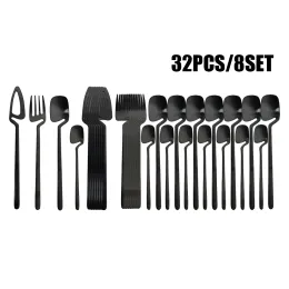 Sets 32Pcs Black Matte Cutlery Set 304 Stainless Steel Dinnerware Set Knife Fork Spoon Bar Party Flatware Kitchen Tableware Set
