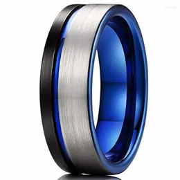 Cluster Rings Fashion 8mm Tricolor Titanium Stainless Steel For Men Blue Groove Beveled Edge Matte Finish Promise Wedding Jewelry