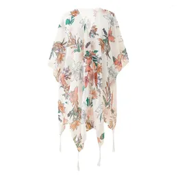 Lenços flor impresso maiô cover-up blusa xale borla praia poncho protetor solar solto para biquíni