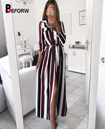 Beforw 2019 gelo senhora turn-down colarinho botão rendas até camisa longa vestido feminino outono primavera manga longa listra maxi vestidos q1904164514416