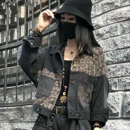 Kvinnans jackor harajuku broderi denim svart leopard streetwear kvinnor punk jean klädrock abbigliamento donna jack 240301