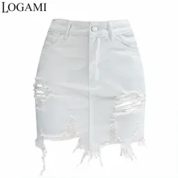 Spódnica logami wysoka talia dżinsowa spódnica dżinsowa Kobiety nieregularne rozryte ołówek spódnice damskie seksowne letnie mini spódnica biała