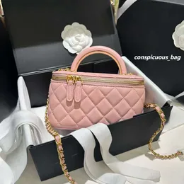 2024 med spegel kvinnor designer makeup väska högkvalitativ fårskinn diamantgitter hanterar fåfänga lådor tygväskor crossbody axel kosmetisk fodral lyxhandväska