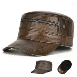 Береты, мужская шапка-ушанка из натуральной кожи в стиле ретро, зимняя теплая армейская кепка с флисовой подкладкой, регулируемая военная плоская кепка