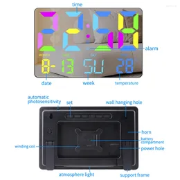 Väggklockor LED Digital Projection Alarm Clock Electronic RGB Färgglad lutning med stor skärmspegel