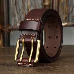 Belts 3.8cm Wide Vintage Men's Belt Cowhide Genuine Leather Copper Double Needle Buckle Handmade Jeans Fashion Male Strap