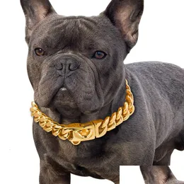 Dog Collars & Leashes Dog Collars Leashes Sturdy Golden Collar Stainless Steel Cuban Chain 14Mm Wide Metal Pet Necklace Suitable For S Dhkfb