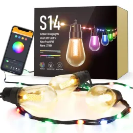 Control RGB &RGBW 15M Smart Outdoor String Lights IP65 WiFi+Bluetooth APP Remote Control Colorchanging Dimmable Garden Lights
