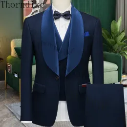 Suits Thorndike New Fashion Navy Blue Wedding Suit For Men Formal Blazer Pants Vest Three Piece Groom Jacket Set Slim Fit Outfit