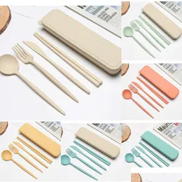 Storage Bags New Storage Bags 4Pcs/Set Dinnerware Sets Creative With Case Plastic Knife Fork Spoon Chopsticks Travel Cutlery For Kitch Dhliw