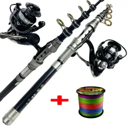 Combo vara de pesca giratória de fibra de carbono e carretel Combo 1.5 / 1.8 / 2.1 / 2.4m Vara de pesca telescópica de carpa carretel giratório com linha de pesca