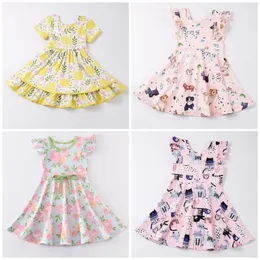 Mädchenkleider Girlymax Sommer Baby Mädchen Blumen Zitrone Huhn Tiere Twirl Kleid Boutique Kleidung Milch Seide Rüschen Knielang Kurzarm