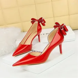 Dress Shoes Korean Version Banquet Thin High Heels Shallow Mouth Pointed Toe Side Hollowed Out Patent Leather Bow Tie Women's Singles