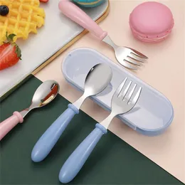 Dinnerware Sets Children Spoon Forks Box Kids Stainless Steel Cutlery Portable Baby Feeding Utensils Spoons Tableware Set
