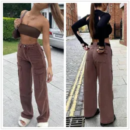 Jeans 2021 New Black and Brown Women High Waist Straight Jeans Fashion Loose Denim Cargo Pants Street Casual Trousers SXL Drop ship