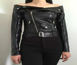 2019 Autumn Women Faux Leather Jacket Off The Shoulder Gothic Black Motorcycle Jackets Zippers Short Goth Female PU Coat8833084