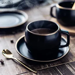 Xícaras Pires Cerâmica Xícara de Café e Pires Preto Pigmentado Porcelana Conjunto de Chá com Colher de Aço Inoxidável Drinkware