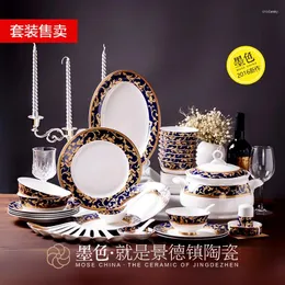 Dinnerware Sets Black Jingdezhen 48 Head Bone China Tableware Dishes Suit European Ceramics Blue Yu